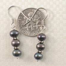Load image into Gallery viewer, Sterling Silver Bali Bead Black Pearl Hook Earrings