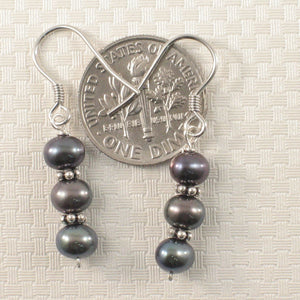 Sterling Silver Bali Bead Black Pearl Hook Earrings