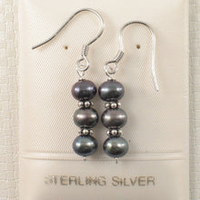 Load image into Gallery viewer, Sterling Silver Bali Bead Black Pearl Hook Earrings