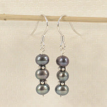 Load image into Gallery viewer, Sterling Silver Bali Bead Black Pearl Hook Earrings