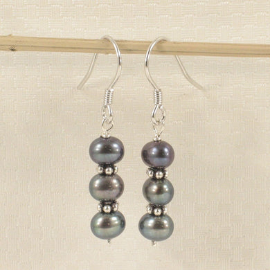 Sterling Silver Bali Bead Black Pearl Hook Earrings