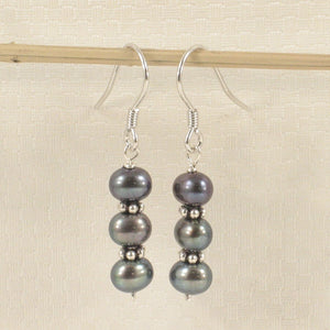 Sterling Silver Bali Bead Black Pearl Hook Earrings