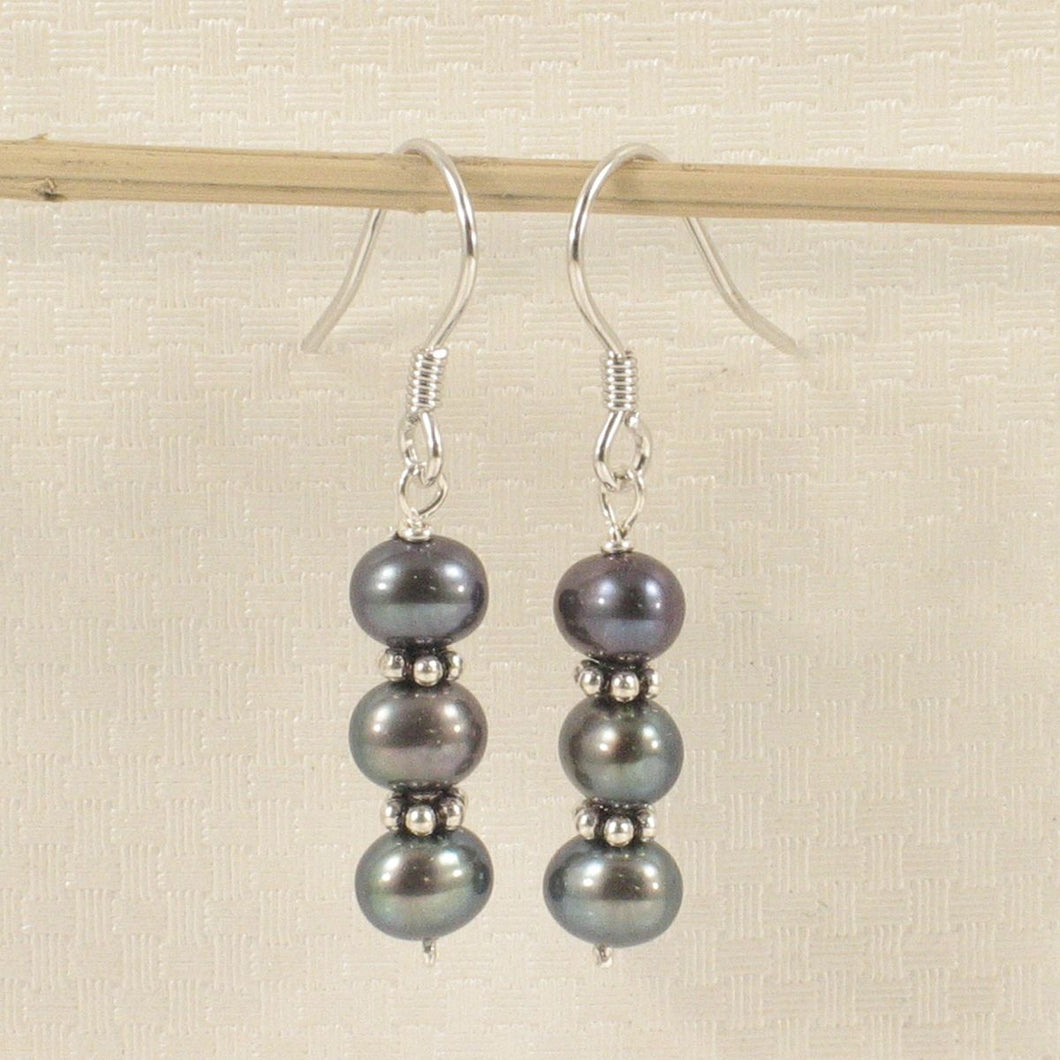 Sterling Silver Bali Bead Black Pearl Hook Earrings