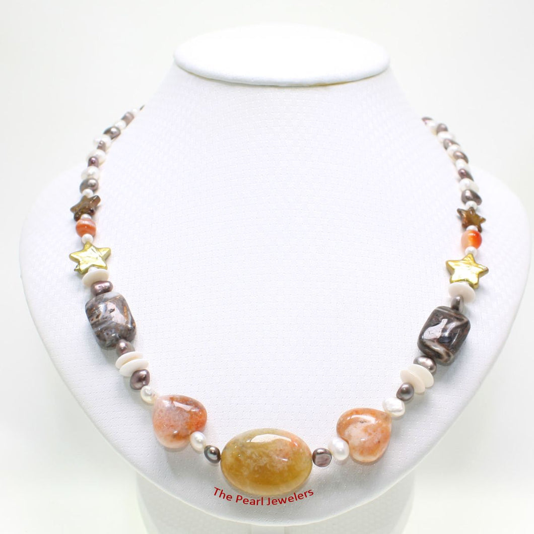 Baroque Pearl & Star Coin Pearl with Agate Necklace – .925 Silver