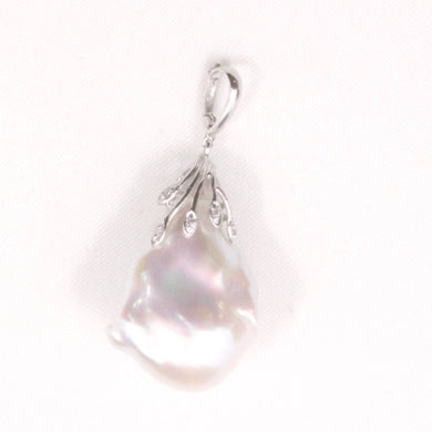 Baroque Pearl Pendant with Diamond “Vines” – 14k White Gold