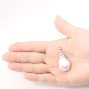 Baroque Pearl Pendant with Diamond “Vines” – 14k White Gold