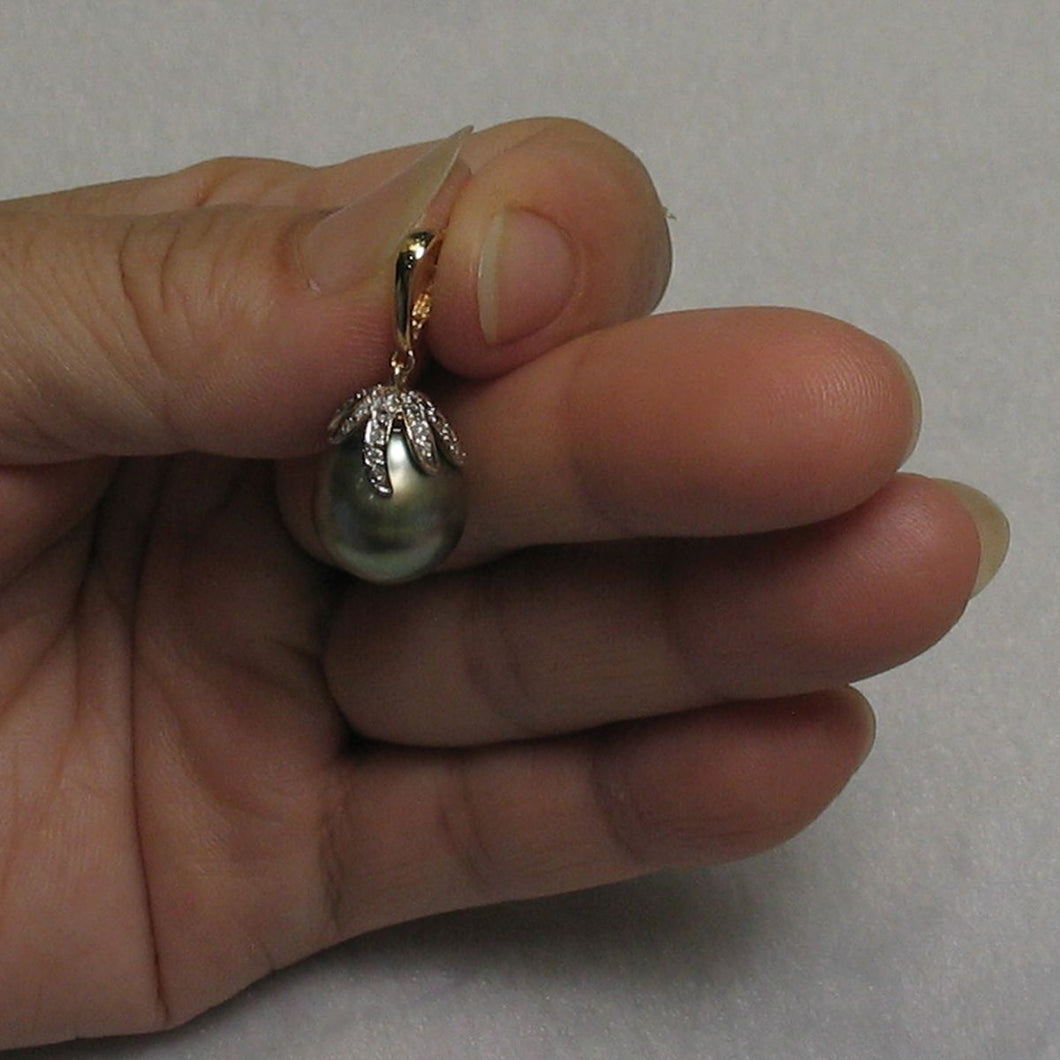 Baroque Black-Green Tahitian Pearl & 14k Yellow Gold Flowery-Cap Pendant