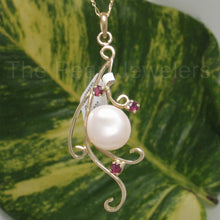 Load image into Gallery viewer, White Baroque Pearl Pendant – 14k Yellow Gold + 3 Rubies