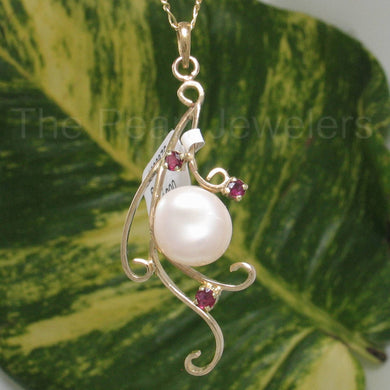 White Baroque Pearl Pendant – 14k Yellow Gold + 3 Rubies