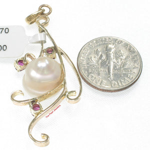 White Baroque Pearl Pendant – 14k Yellow Gold + 3 Rubies