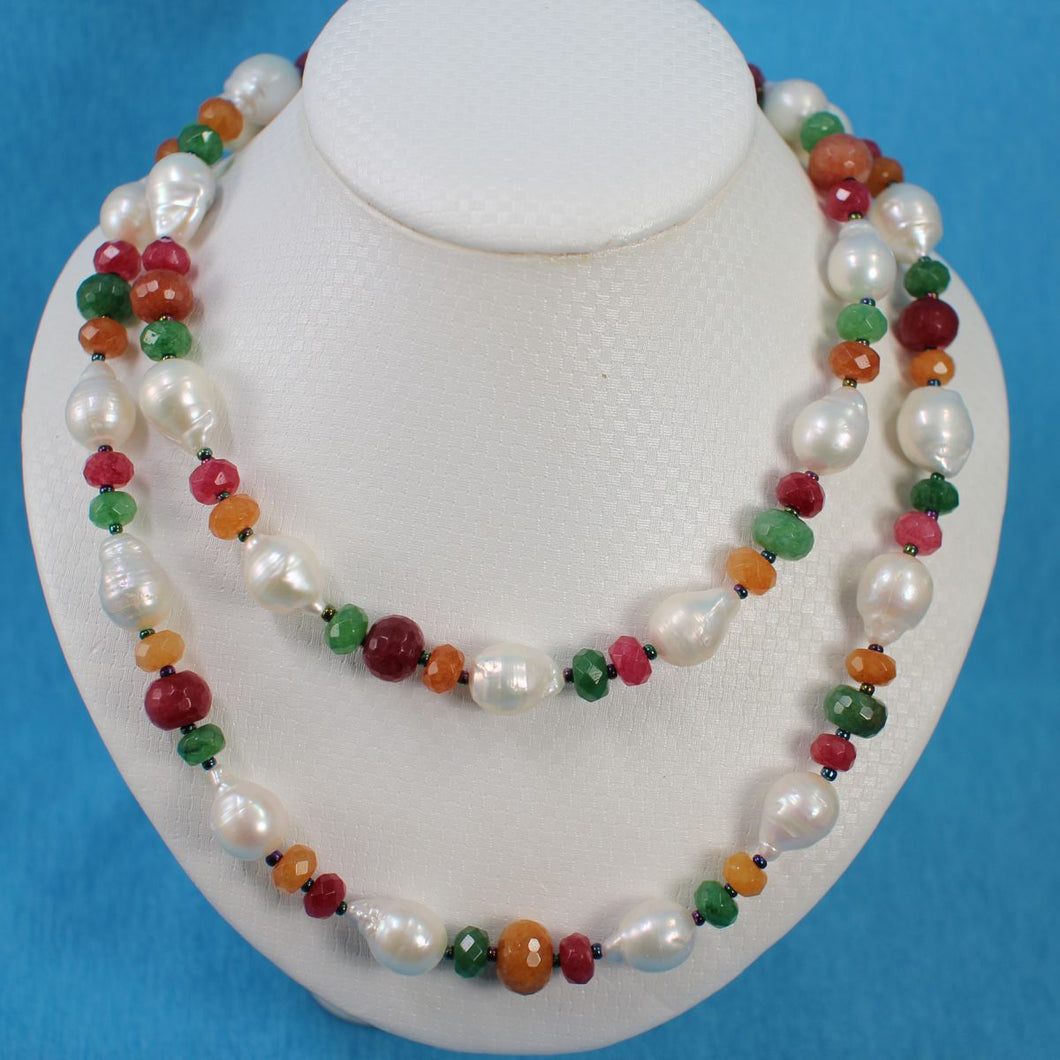 Baroque White Pearl & Multicolor Quartz Necklace – 34”