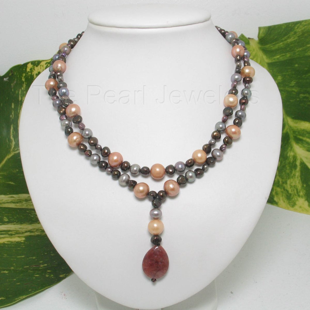 Double Strand Champagne Pearl & Agate Necklace with Gold-Plated Clasp