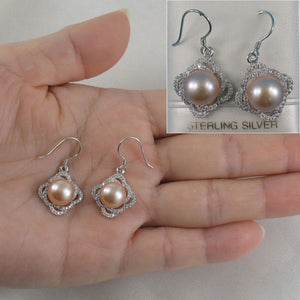 Sterling Silver Pink Pearl CZ Hook Earrings (42 CZ, Large Size)