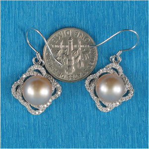 Sterling Silver Pink Pearl CZ Hook Earrings (42 CZ, Large Size)