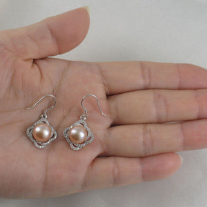 Sterling Silver Pink Pearl CZ Hook Earrings (42 CZ, Large Size)