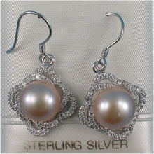 Load image into Gallery viewer, Sterling Silver Pink Pearl CZ Hook Earrings (42 CZ, Large Size)