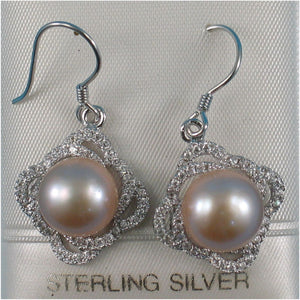 Sterling Silver Pink Pearl CZ Hook Earrings (42 CZ, Large Size)