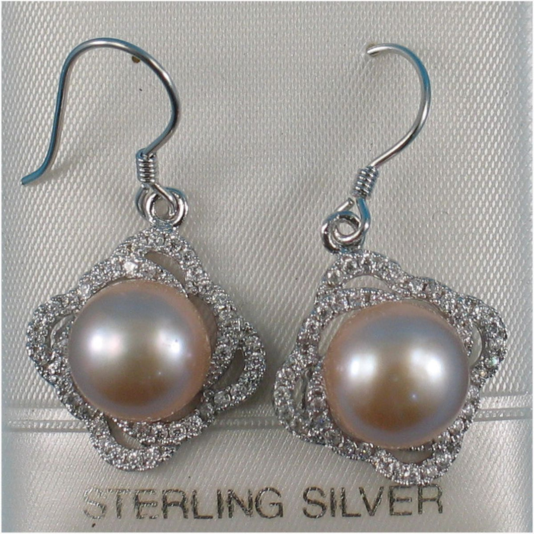 Sterling Silver Pink Pearl CZ Hook Earrings (42 CZ, Large Size)