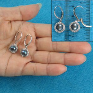 Sterling Silver Black Pearl 42 CZ Leverback Earrings