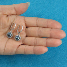 Load image into Gallery viewer, Sterling Silver Black Pearl 42 CZ Leverback Earrings