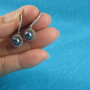 Sterling Silver Black Pearl 42 CZ Leverback Earrings