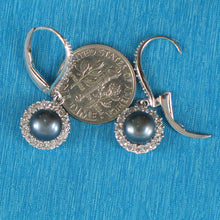 Load image into Gallery viewer, Sterling Silver Black Pearl 42 CZ Leverback Earrings