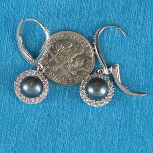 Sterling Silver Black Pearl 42 CZ Leverback Earrings