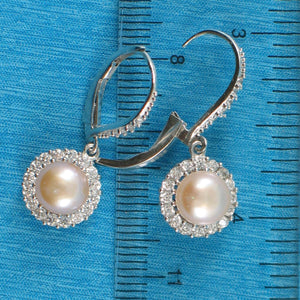 Sterling Silver Multi-Color Pearl CZ Leverback Earrings (White / Pink / Black)