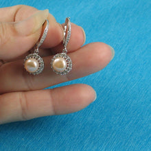 Load image into Gallery viewer, Sterling Silver Pink Pearl 42 CZ Leverback Earrings