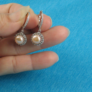 Sterling Silver Pink Pearl 42 CZ Leverback Earrings