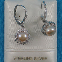 Load image into Gallery viewer, Sterling Silver Pink Pearl 42 CZ Leverback Earrings