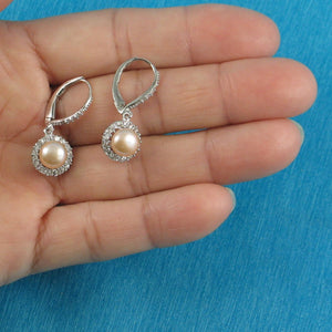Sterling Silver Pink Pearl 42 CZ Leverback Earrings