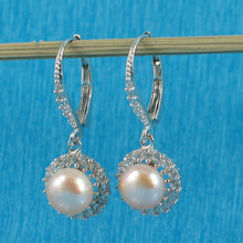 Load image into Gallery viewer, Sterling Silver Pink Pearl 42 CZ Leverback Earrings