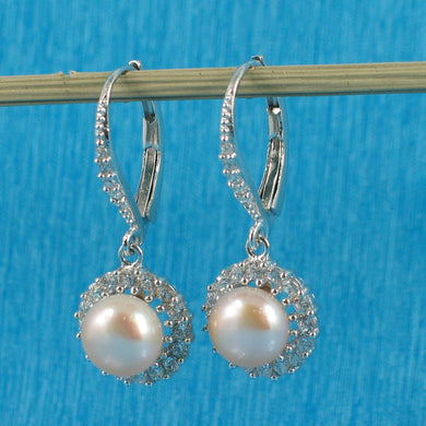 Sterling Silver Pink Pearl 42 CZ Leverback Earrings
