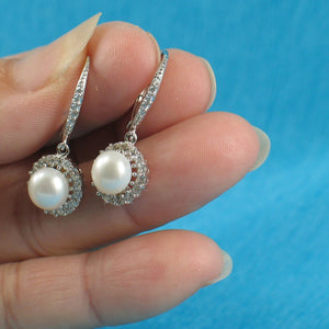 Sterling Silver White Pearl 42 CZ Leverback Earrings