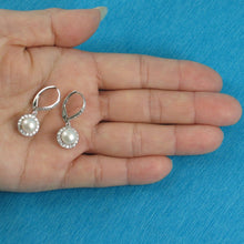 Load image into Gallery viewer, Sterling Silver White Pearl 42 CZ Leverback Earrings