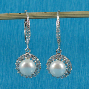 Sterling Silver White Pearl 42 CZ Leverback Earrings