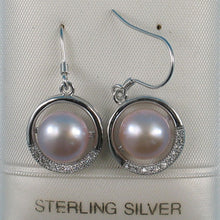 Load image into Gallery viewer, Sterling Silver Pink Pearl CZ Hook Earrings (22 CZ)