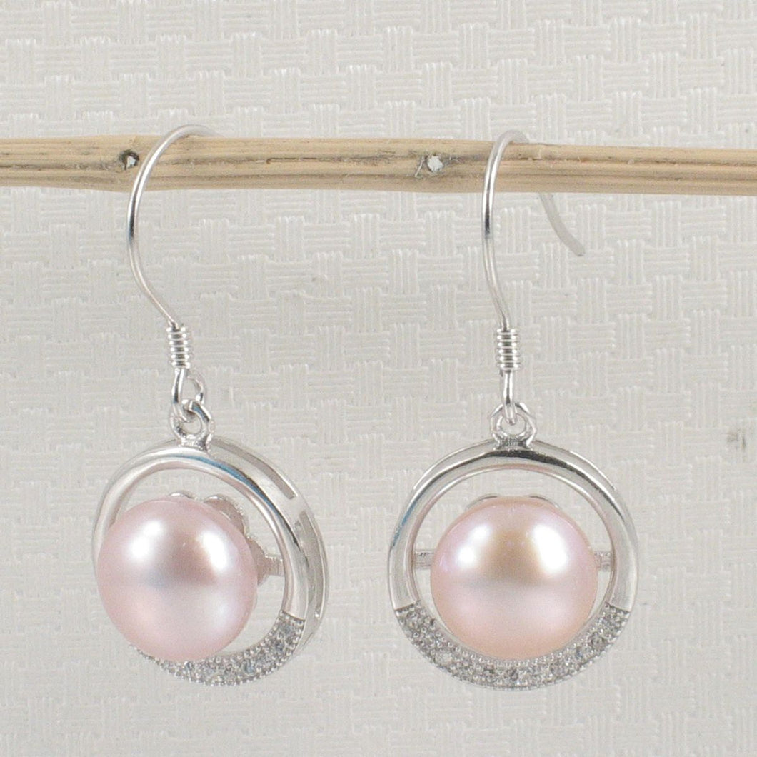 Sterling Silver Pink Pearl CZ Hook Earrings (22 CZ)