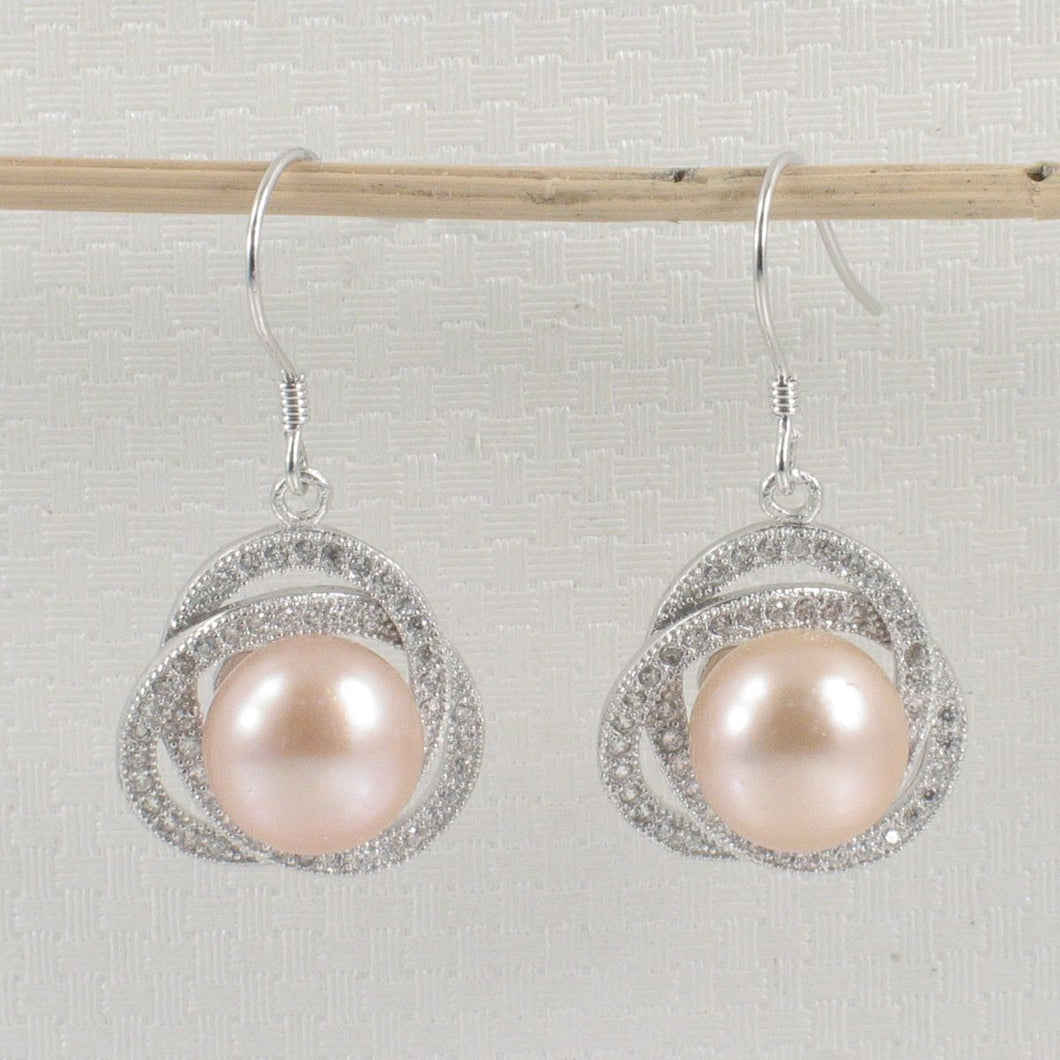 Sterling Silver Pink Pearl CZ Hook Earrings (102 CZ)