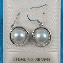 Load image into Gallery viewer, Sterling Silver White Pearl 22 CZ Hook Earrings