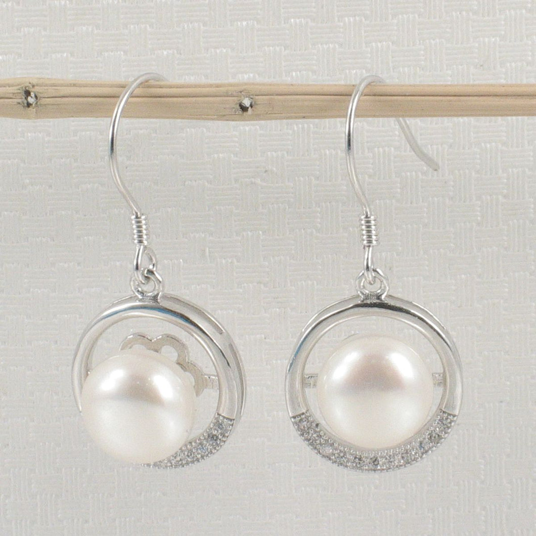 Sterling Silver White Pearl 22 CZ Hook Earrings