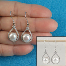Load image into Gallery viewer, Sterling Silver White Pearl CZ Hook Earrings (72 CZ, Large Pearl)