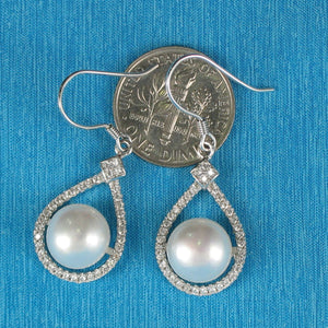 Sterling Silver White Pearl CZ Hook Earrings (72 CZ, Large Pearl)