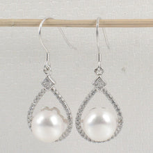 Load image into Gallery viewer, Sterling Silver White Pearl CZ Hook Earrings (72 CZ, Large Pearl)