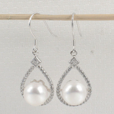 Sterling Silver White Pearl CZ Hook Earrings (72 CZ, Large Pearl)