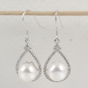 Sterling Silver White Pearl CZ Hook Earrings (72 CZ, Large Pearl)