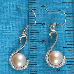 Sterling Silver Pink Pearl Swan Design 34 CZ Earrings