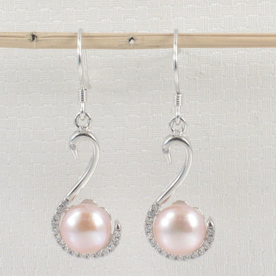 Sterling Silver Pink Pearl Swan Design 34 CZ Earrings