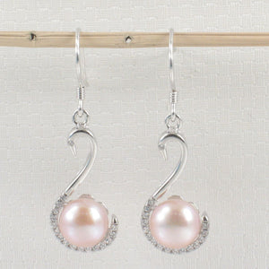 Sterling Silver Pink Pearl Swan Design 34 CZ Earrings